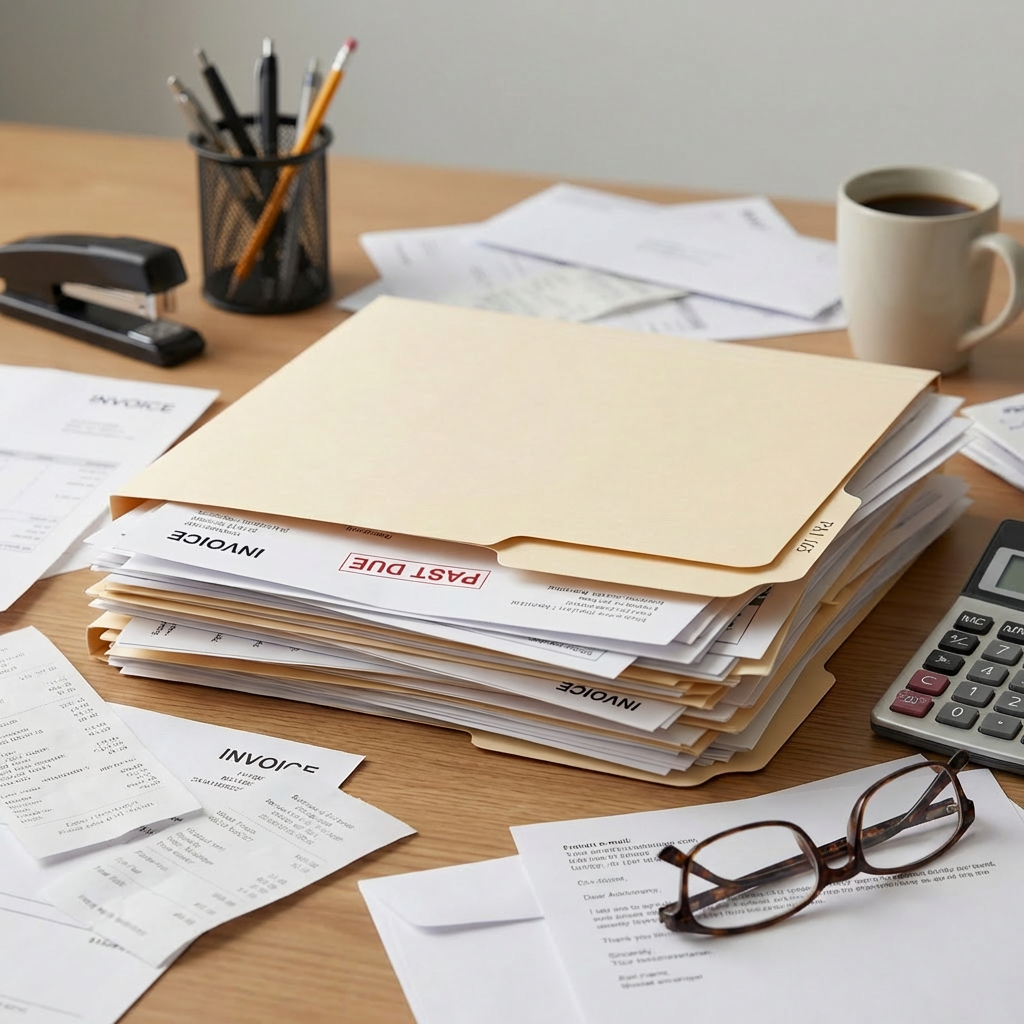 Cluttered wooden desk covered in overdue invoices, receipts, and a box of disorganized papers.